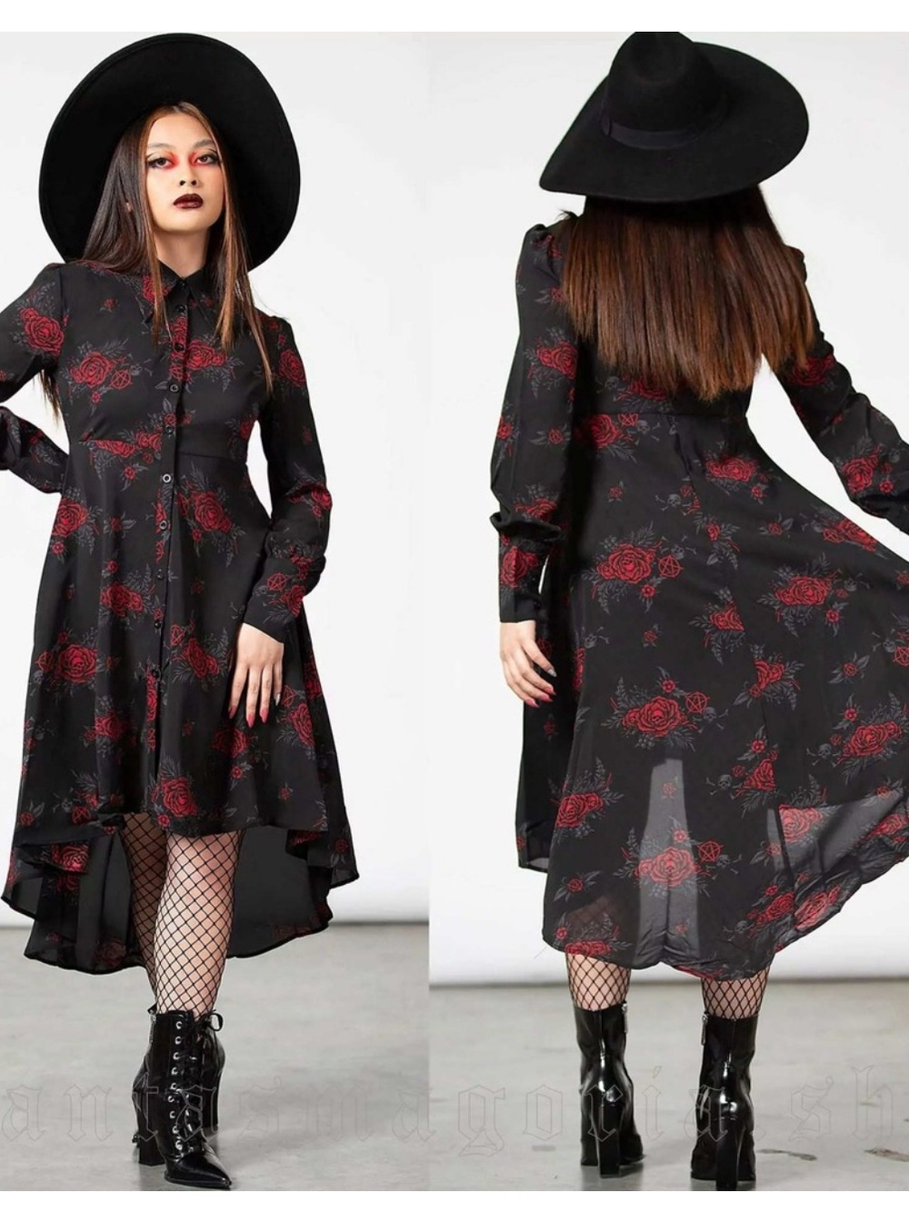 Killstar Pandora High Low Shirt Dress with Red Rose Skull Pentagram Gothic Print